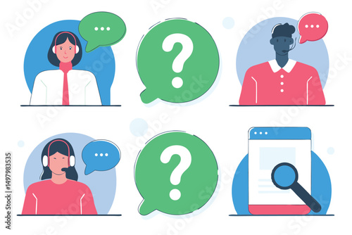 Customer support concepts illustrated with call center agents question marks and online help