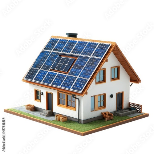 Eco friendly house model with solar panels isolated on white background