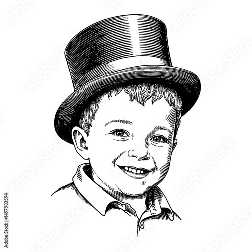 A Smiling Little Boy Wearing a Really Giant Top Hat in a Detailed Black and White Outline Line Art Drawing