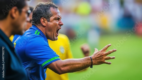 Furious soccer coach yelling with passion, intense game side-line energy.
