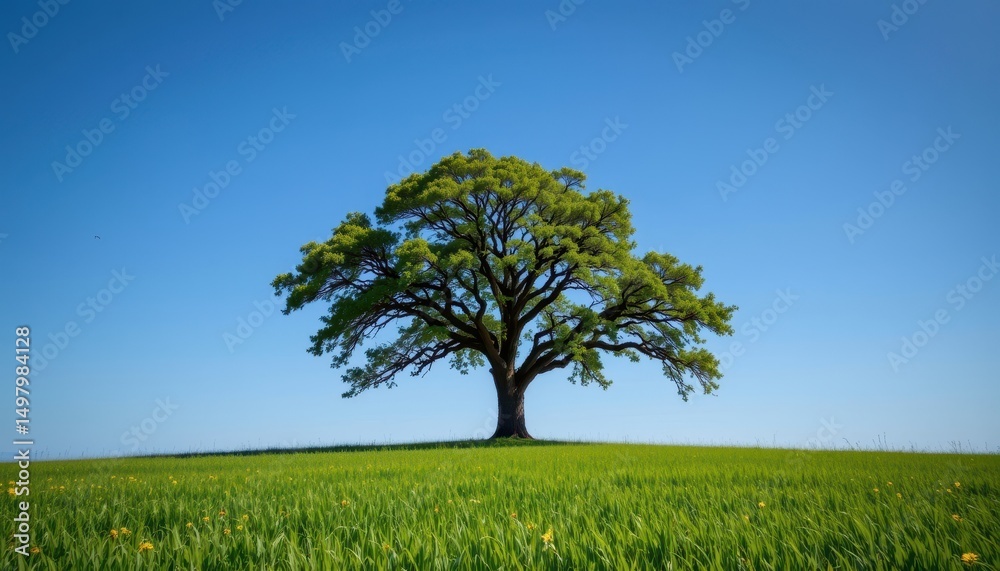 Obraz premium a lone oak sentinel stood tall in a sea of emerald green grass, its branches outstretched like arms towards a cerulean canvas of the boundless sky. the tranquility of nature reigned supreme.