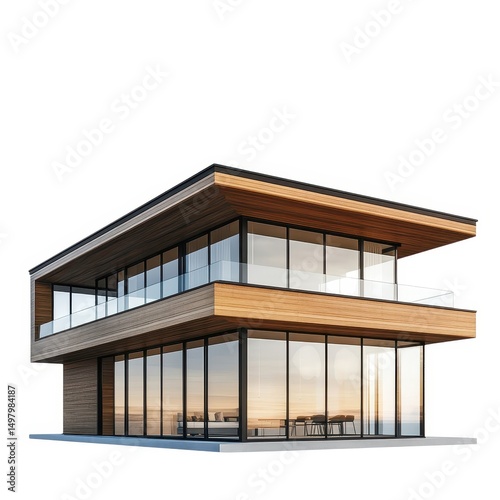 Modern two story house design with wood and glass exterior isolated on white background