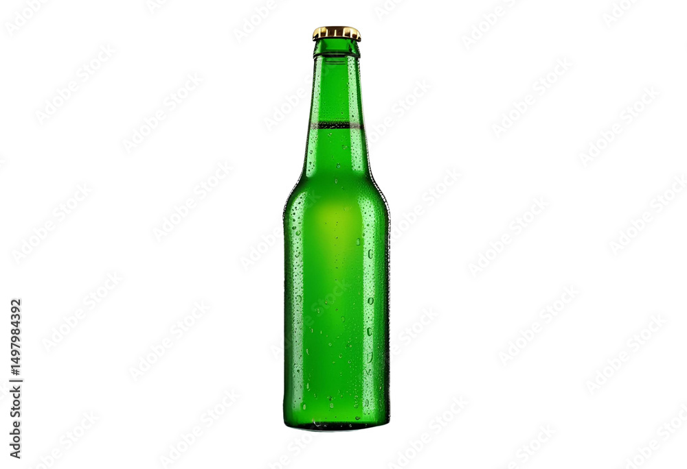Green bottle of beer standing upright, condensation visible, cold and refreshing for beverage product advertising use. Green bottle of beer standing upright, condensation visible, cold and refreshing for beverage product advertising use.