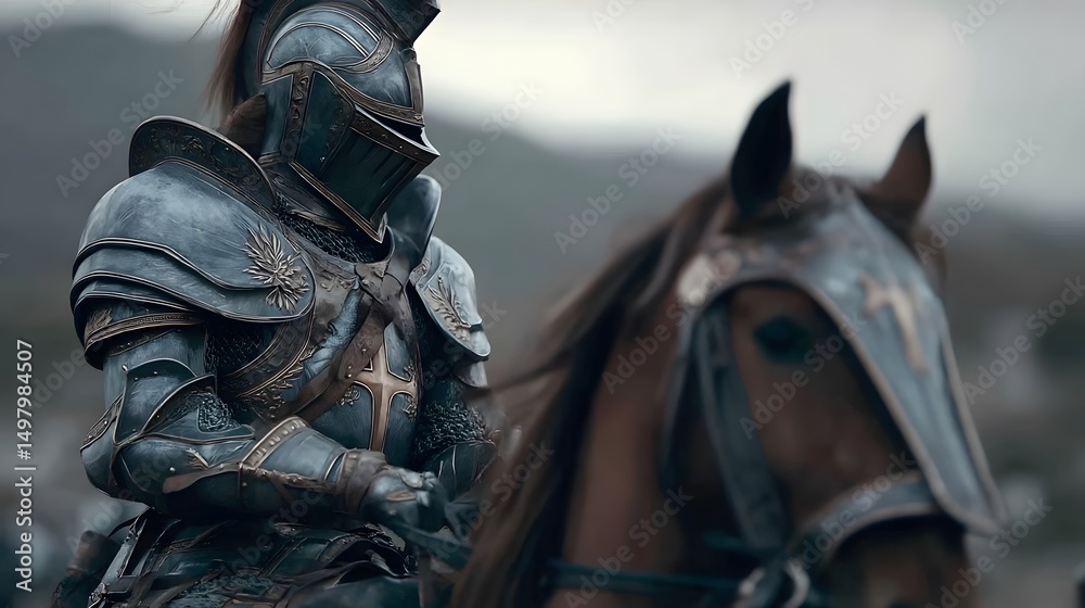 Obraz premium knight in Full Armor riding a horse through a battlefield