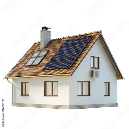 Eco friendly house model with solar panels and roof windows isolated on white background