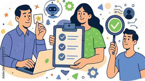 AI technology concept set. Collection of characters working with artificial intelligence, chatbot, generative tools to increase productivity, efficient, task performance. Vector illustration