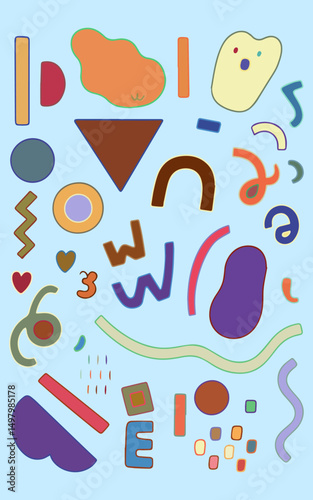 Playful Abstraction in pastel hues: whimsical collection of hand-drawn shapes dancing across a serene light blue backdrop, creating a visual symphony of colors and forms. 