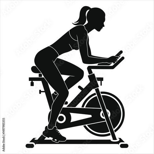 Woman Exercising on a Spin Bike Vector Silhouette/A black silhouette of a woman using a spin bike, perfect for representing fitness, healthy lifestyle, or exercise classes.