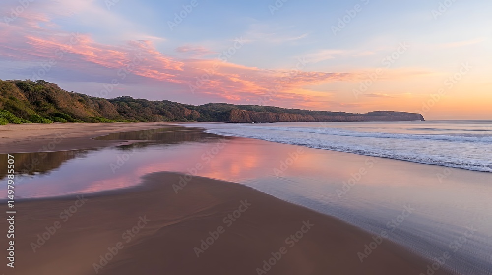 Fototapeta premium Serene Sunset Beach Landscape with Pink Sky and Ocean Reflections