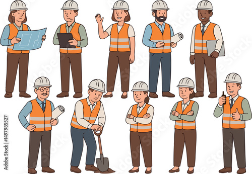 Civil engineer wearing hard hat holding construction project drawing. Character constructor for animation. Front, side and back view set. Body parts, postures, poses collection. Vector illustration