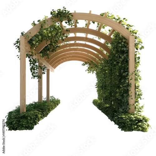Elegant wooden archway pergola with lush greenery isolated on white background