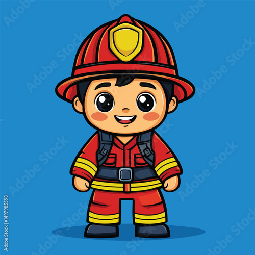 Cartoon Firefighter with Red Helmet and Uniform Smiling with Big Eyes
