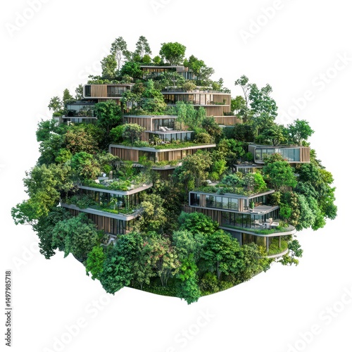 Eco friendly residential complex integrated with lush greenery isolated on white background
