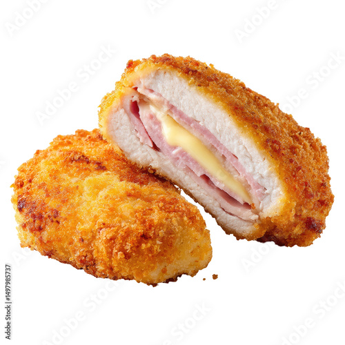 Two golden-brown, breaded chicken cordon bleu cutlets, one halved revealing a cheesy, ham filling. Crispy crust, juicy interior