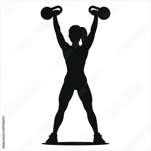 Powerful Woman Vector Silhouette Lifting Kettlebells/A strong female silhouette performs a kettlebell exercise, arms raised high.