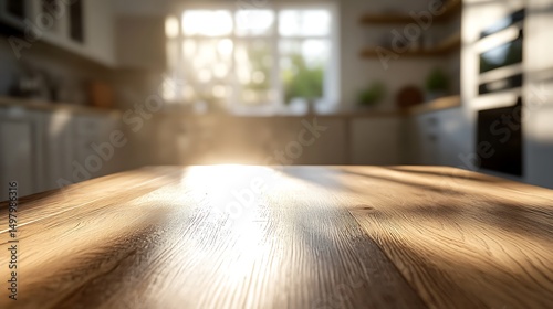 A photograph of a polished maple wood tabletop, smooth surface, aerial view, with a blurred Scandinavian kitchen background, light wood tones, soft gray cabinets,