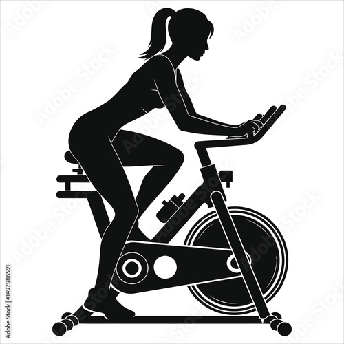 Woman Vector Silhouette Exercising on a Stationary Bike/A black and white silhouette of a woman on a stationary exercise bike.