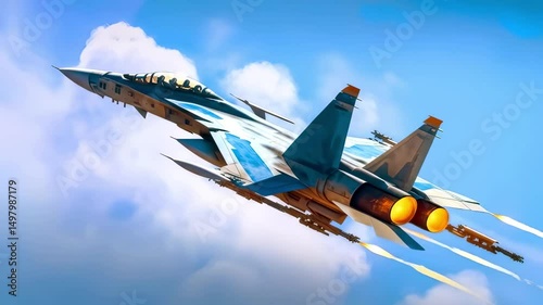 Supersonic Power: Fighter Jet with Afterburner Ignites Sky During High-Speed Military Aviation Flight Among Clouds. 4K Video Animation