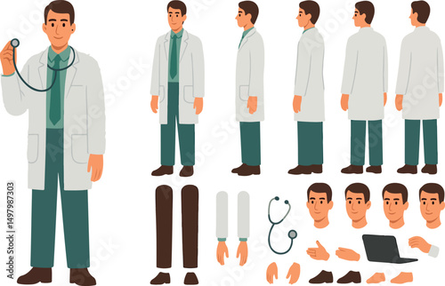  Male doctor, medical worker or therapist in hospital. Character constructor for animation. Front, side and back view set. Body parts, postures, poses collection. Vector illustration.