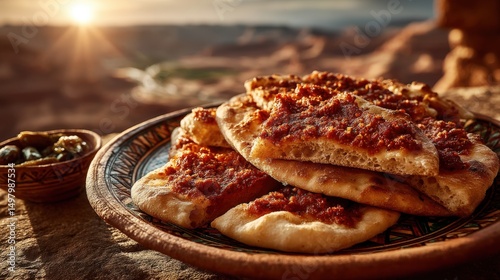 Delicious lahmacun on traditional Iraqi plate with desert backdrop and golden sunlight