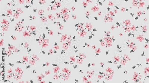 Seamless pattern with pink flowers, pink floral watercolor background