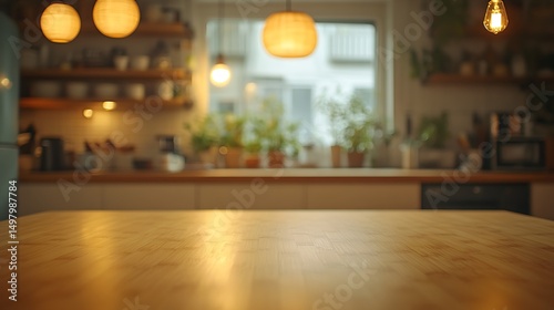 A photograph of a smooth bamboo tabletop, pale finish, angled perspective, blurred kitchen with soft pendant lights and under-cabinet glow, casting a peaceful night scene. Calm, contemporary mood.