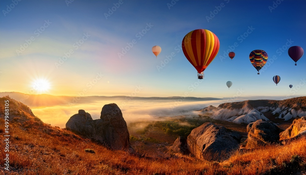 Fototapeta premium hot air balloons floating over scenic landscape at sunrise