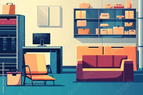 Home office storage room with computer, couch, and shelves.