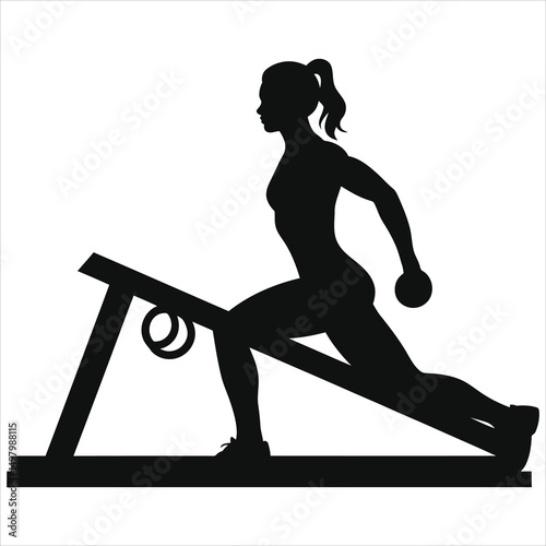 Woman Vector Silhouette Exercising on a Gym Machine/A black silhouette of a woman performing a dumbbell exercise on a decline bench.