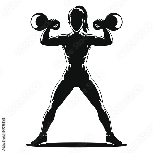 Powerful female vector silhouette lifting dumbbells./A strong, athletic woman is depicted in silhouette, performing a dumbbell exercise.