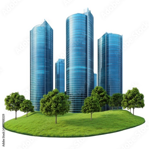 Modern cityscape with green island setting isolated on white background