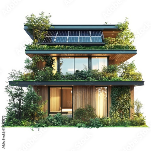 Eco friendly modern house design with solar panels isolated on white background