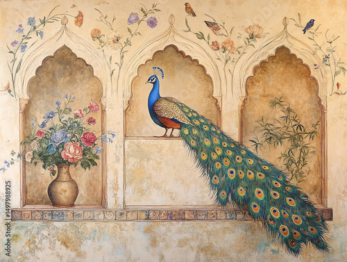 Indian-Style Peacock & Floral Arch Mural on Cream Background