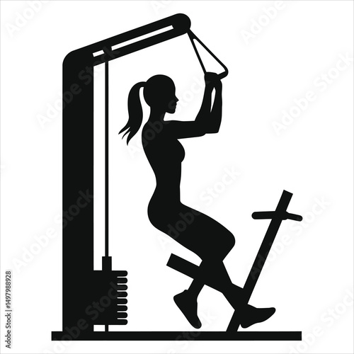 Woman working out on a gym machine vector silhouette/Silhouette of a woman using a seated row machine at the gym.