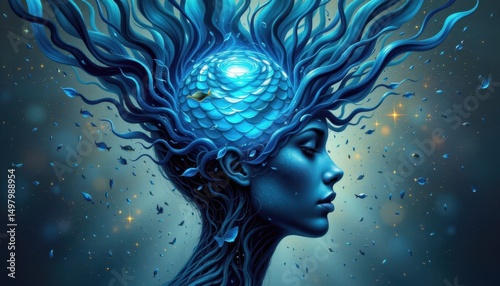 a head, surreal and enigmatic, pulsates with a sphere of swirling blue fish scales, representing the boundless realms of imagination and the calming depths of inner tranquility.