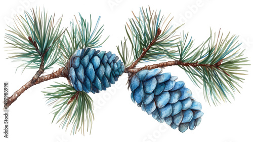 Watercolor Illustration of Fir Branch and Blue Cones Isolated on PNG transparent background