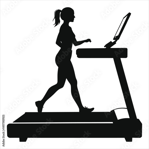 Vector Silhouette of Woman working out on a treadmill with a computer console./A silhouette of a woman walking on a treadmill.