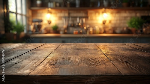 A photograph of a weathered teak tabletop, deep texture, angled view, blurred kitchen with glowing wall sconces, soft warm light spilling across the counters. Organic, moody atmosphere.