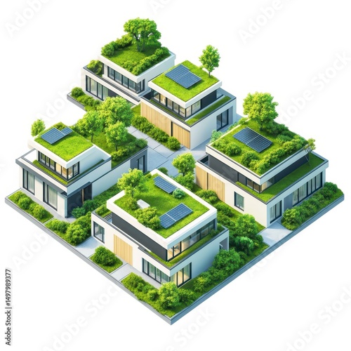 Eco friendly modern homes with green roofs and solar panels isolated on white background