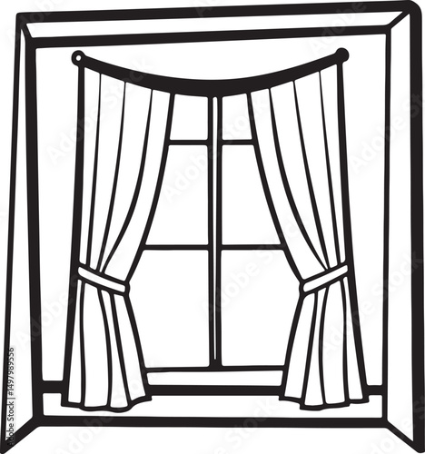 open window with curtains line art, black outline, vector and illustration, coloring book page line art drawing