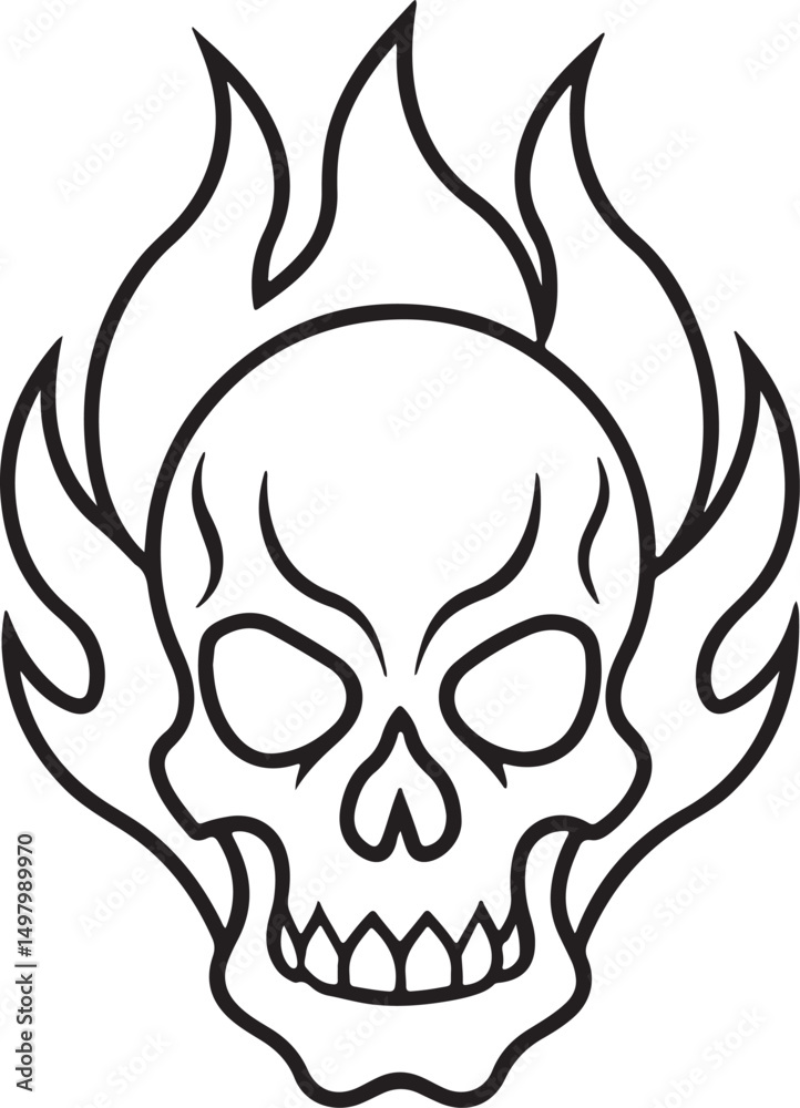 Fototapeta premium fire skull line art, black outline, vector and illustration, coloring book page line art drawing