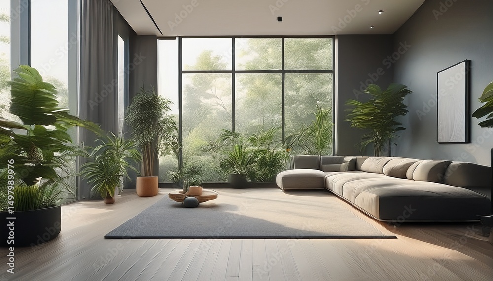 Fototapeta premium this modern space embodies minimalist style complete with a large window a grey area rug and various plants