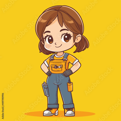 Cartoon girl wearing overalls gloves and work boots with tools attached