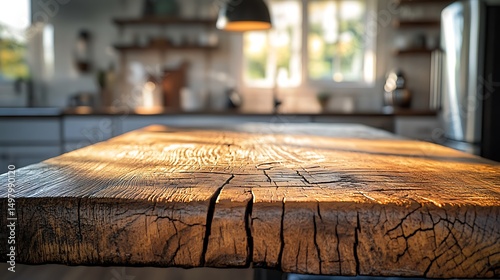 A side-view of a reclaimed barn wood tabletop, deep cracks and marks, blurred kitchen with brushed steel refrigerator, minimalist pendant lamps, evening glow. Cozy yet modern.