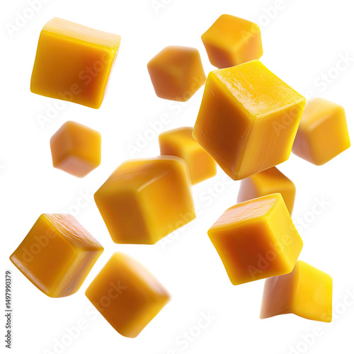 A cluster of vibrant, amber-hued, cube-shaped candies, seemingly floating against a stark black backdrop, displaying glossy surfaces and suggestive of caramel or butterscotch