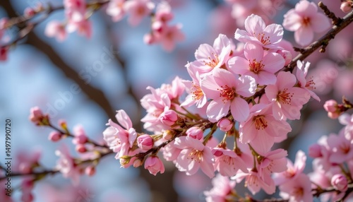 a symphony of cherry blossoms, their delicate petals unfurling like a soft pink brushstroke, against a serene backdrop, evokes the tranquil beauty of springtime