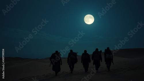 Nocturnal Desert Trek: A group traverses the dunes under the moon's glow, their silhouettes defined against the dark sky, in a search for refuge.