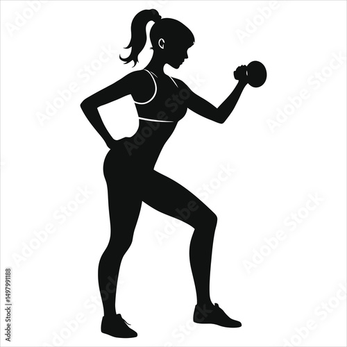 Fit Woman Lifting Weights Vector Silhouette/A strong, athletic woman is shown in silhouette, performing a bicep curl with dumbbells.