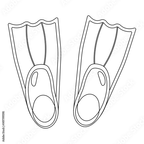Coloring page summer outline drawing of swim fins or flippers. Diving and snorkeling equipment for underwater exploration. For entertaining, summertime, maritime, undersea, water activity, and sports.