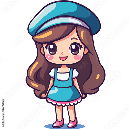 Cartoon girl with big eyes wearing a blue beret and a matching dress